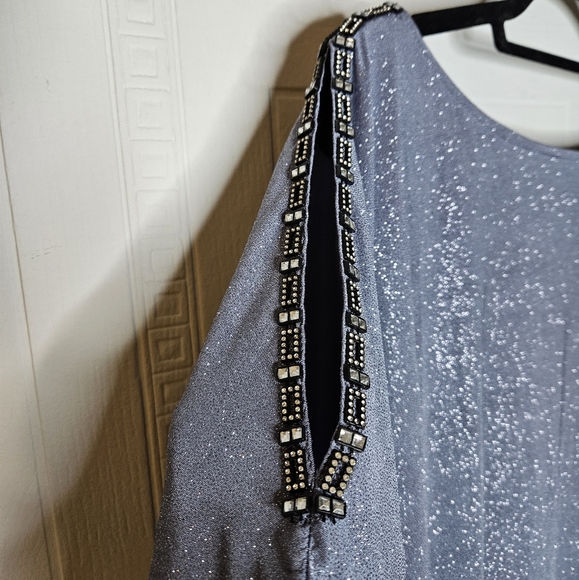 Cachet Blue Gray Mini Dress Cold Shoulder Rhinestone Glitter Cowl Back Sz 16 NWT - Picture 4 of 11